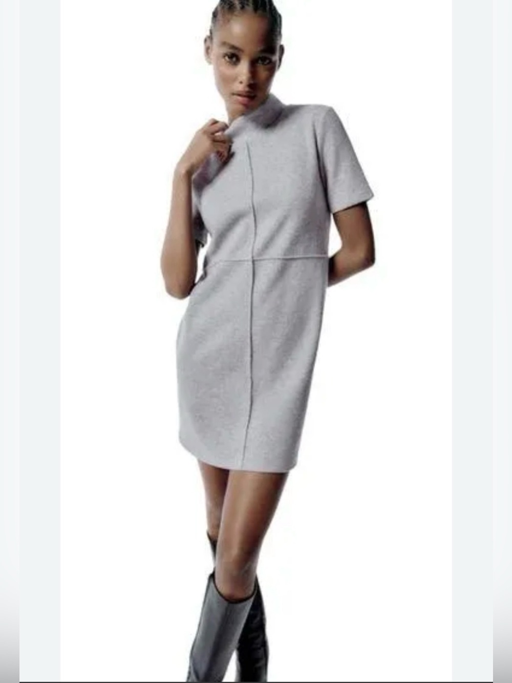 Zara Grey‎ Knit Mini Dress Short Sleeve Ribbed Exposed Seam Shift Dress Small